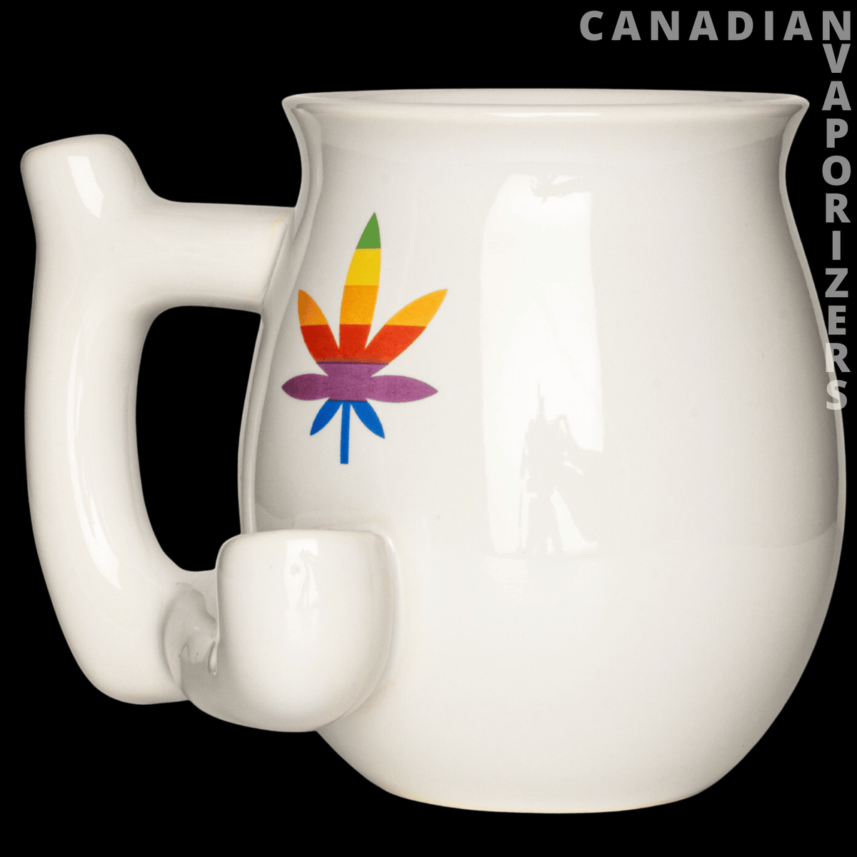 Mug Pipe - Glossy white ceramic mug pipe with a thick side handle and colorful rainbow cannabis leaf design.