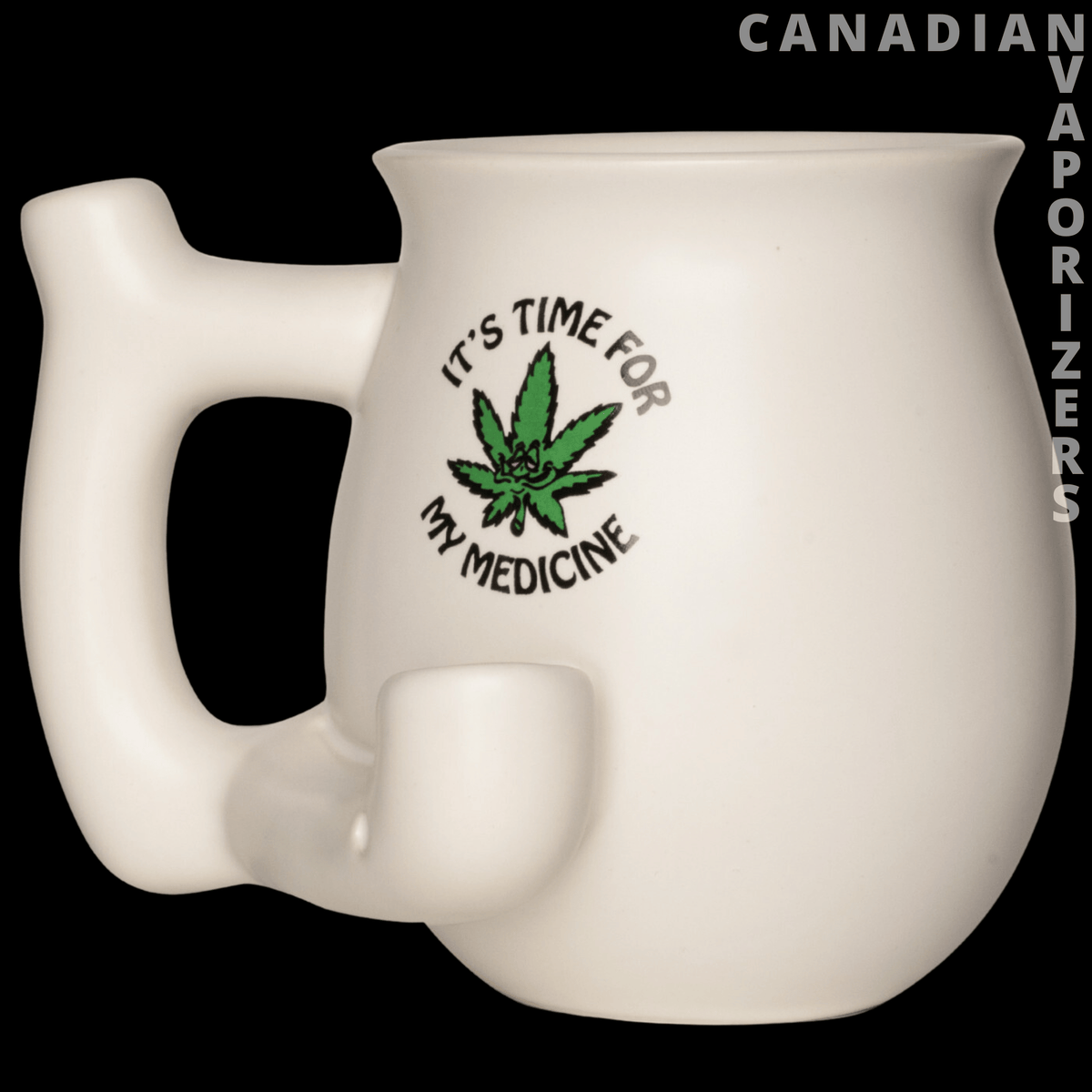 Mug Pipe - Cream ceramic mug pipe with a large handle, raised bowl, and green cannabis leaf beneath “It’s Time for My Medicine” text.