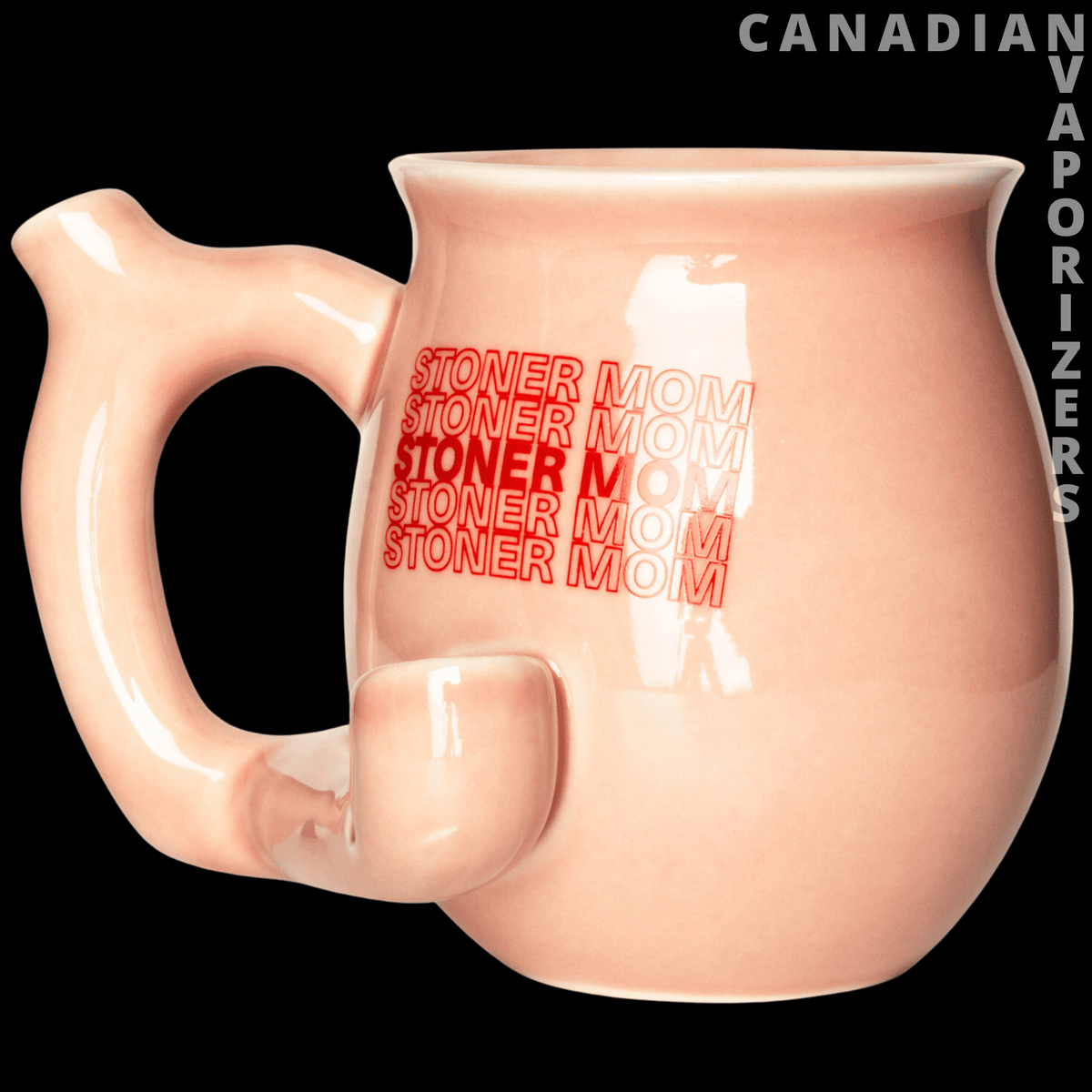 Mug Pipe - Peach ceramic mug pipe with a built-in bowl and repeating red “Stoner Mom” lettering.