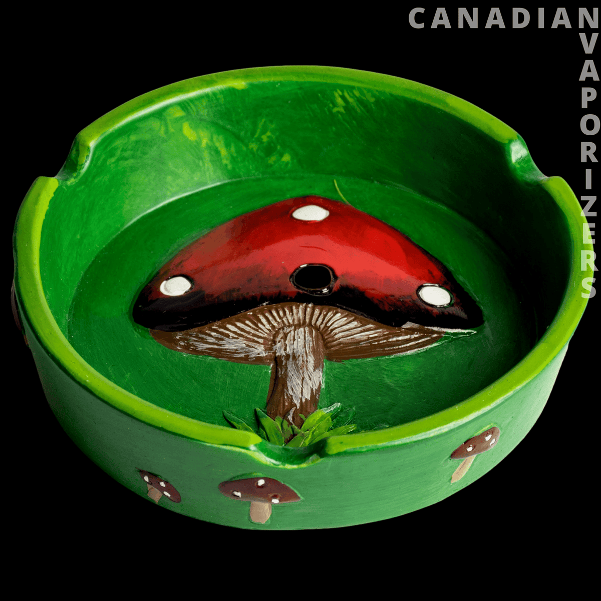 Mushroom Ashtray - Green ceramic ashtray featuring a glossy red-and-white mushroom cap and brown stem in the center.