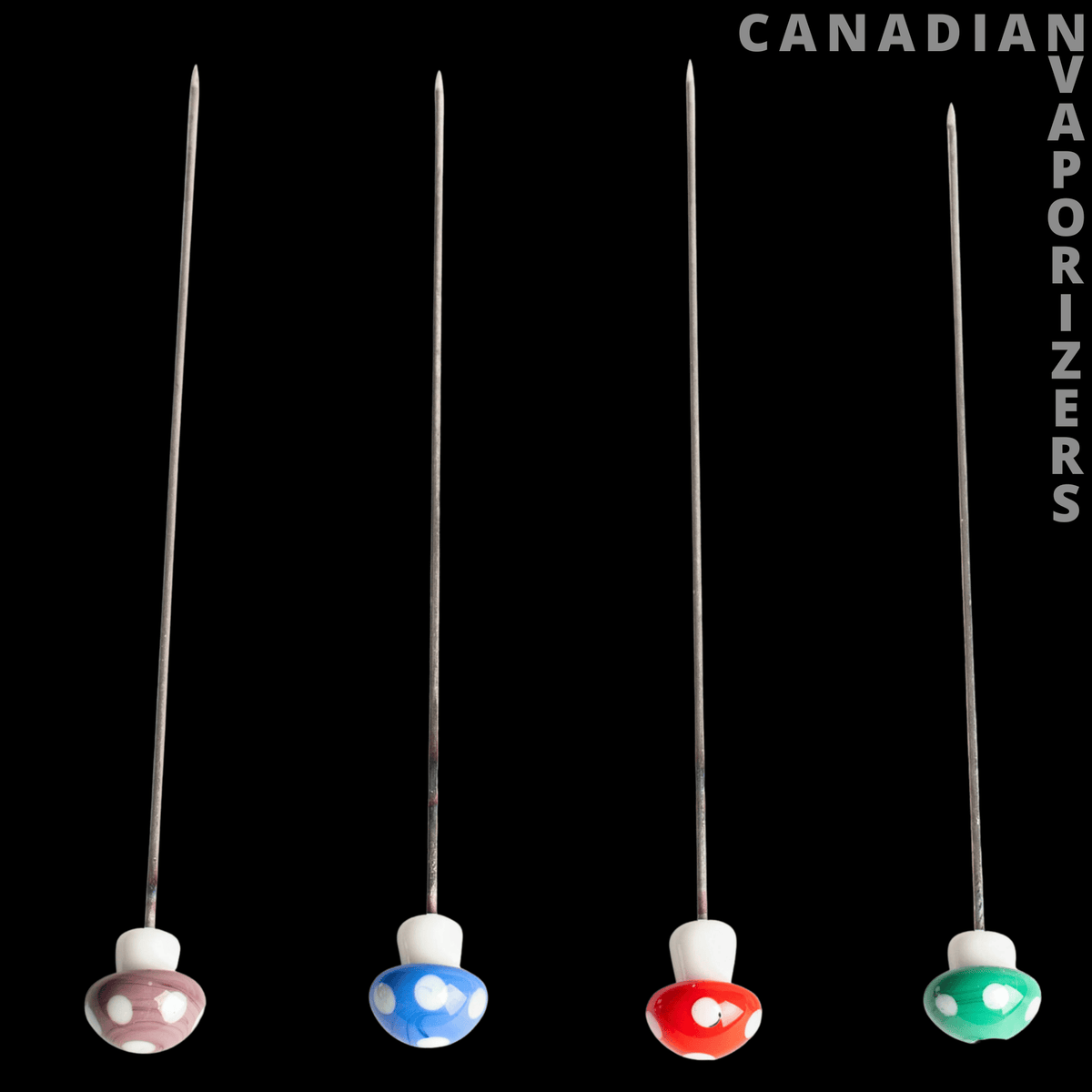 Mushroom Dabber (Pack of 4) - Four slender metal dabbers with pink, blue, red, and green mushroom-shaped handles.