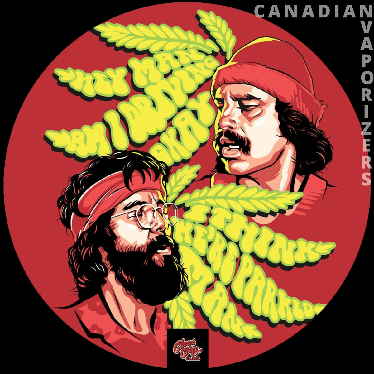 My Dab Mat "Tommy & Cheech" - Round red dab mat featuring comic-style portraits of two men and bold yellow-green cannabis leaf lettering.