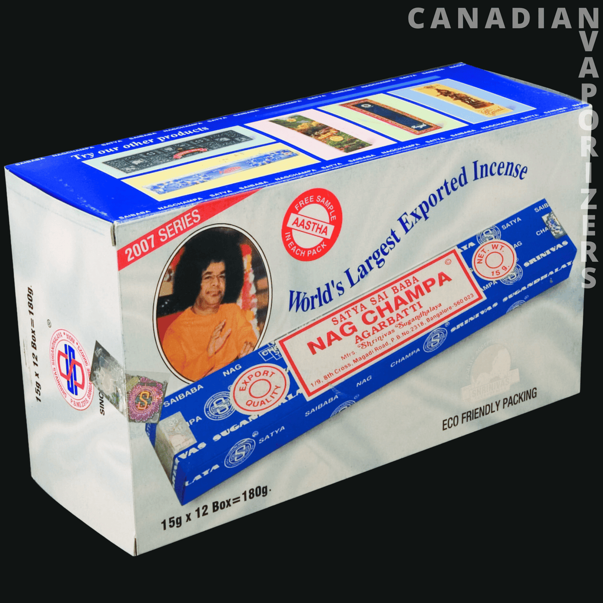 Nag Champa Incense (6 Packs of 100g) - Blue-and-white Nag Champa incense box with a portrait, red labels, and six 100g packs.