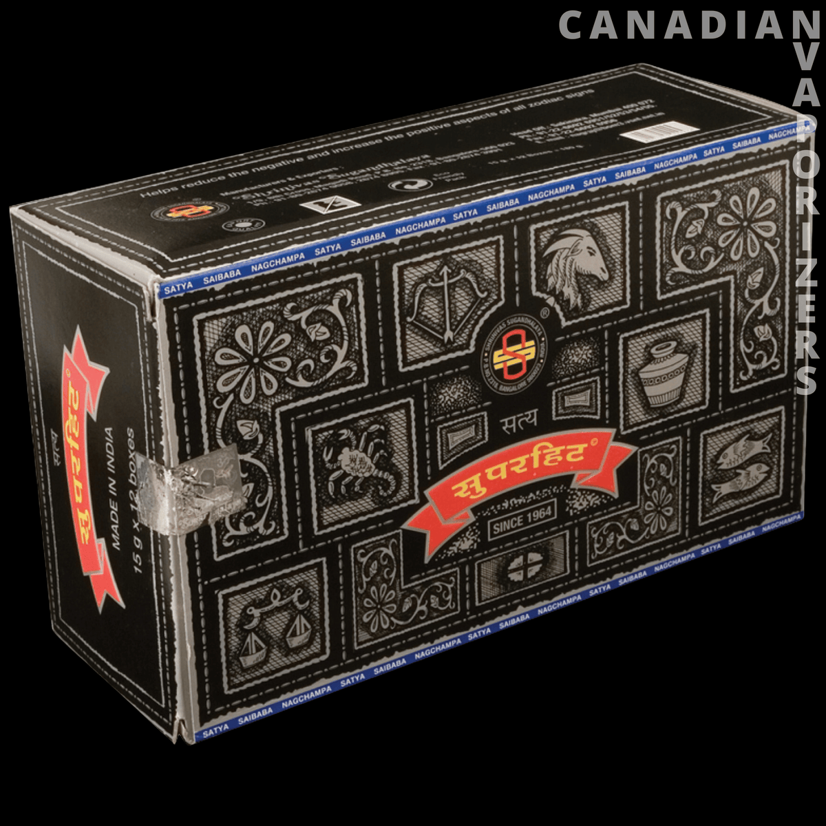 Nag Champa Super Hit Incense (12 Packs of 15g) - Black Super Hit incense box with ornate silver panels, elephant motifs, and red-and-yellow lettering.