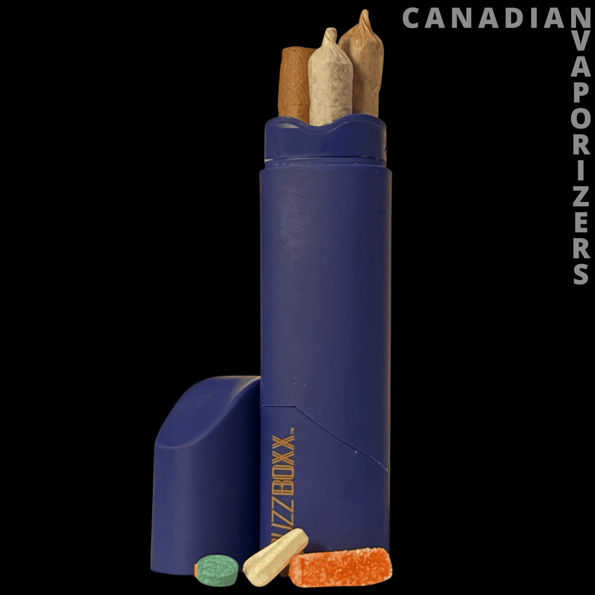 Nekktar Buzzbox - Blue cylindrical Buzzbox with two tan vape cartridges, a side compartment, and colorful tips.