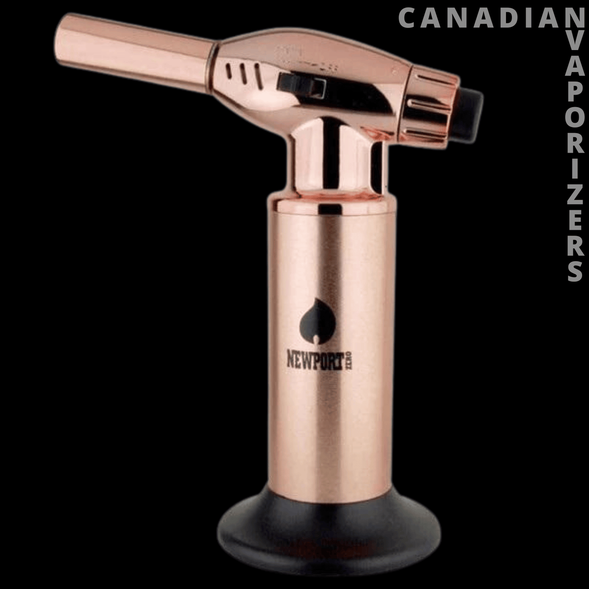 Newport 10" Torch - Rose-gold Newport torch with a black flared base, vented nozzle, and adjustable flame controls.