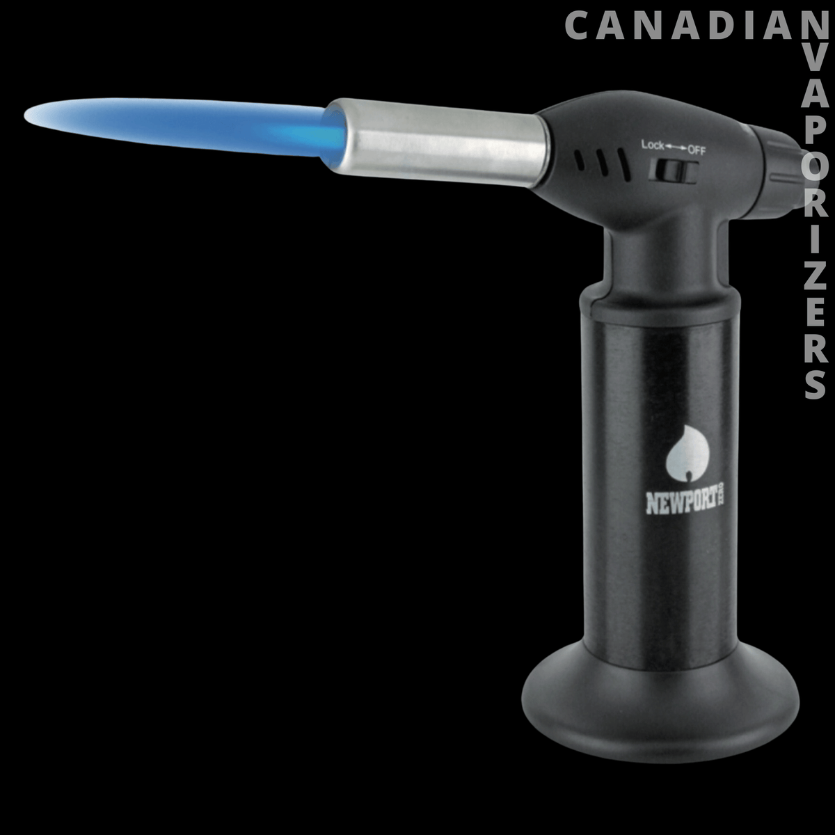 Newport 10" Torch - Black Newport torch with a blue flame, silver nozzle, ergonomic handle, and wide base.