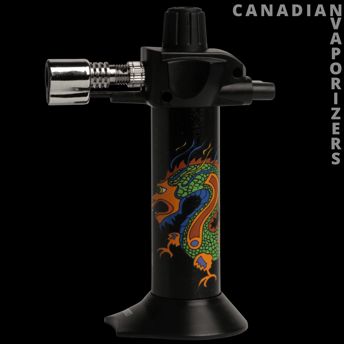 Newport 5.5" Mini Black Dragon Torch - Black mini torch with a flared base, silver nozzle, and colorful dragon graphic on the handle.