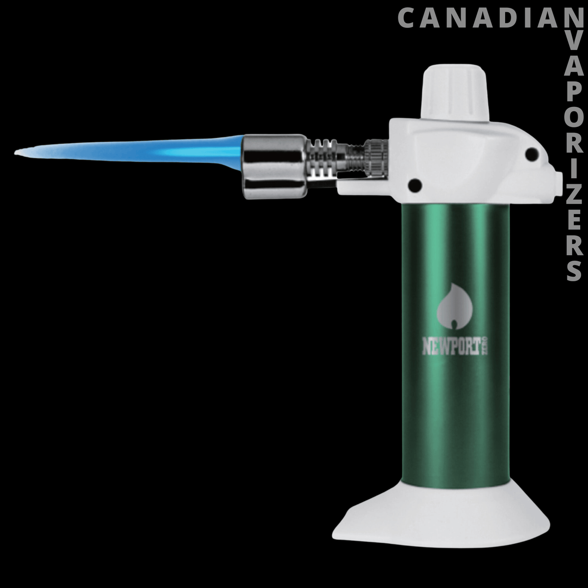 Newport 5.5" Mini Torch - Blue-flame mini torch with a green metal body, silver ignition head, and white base and cap.