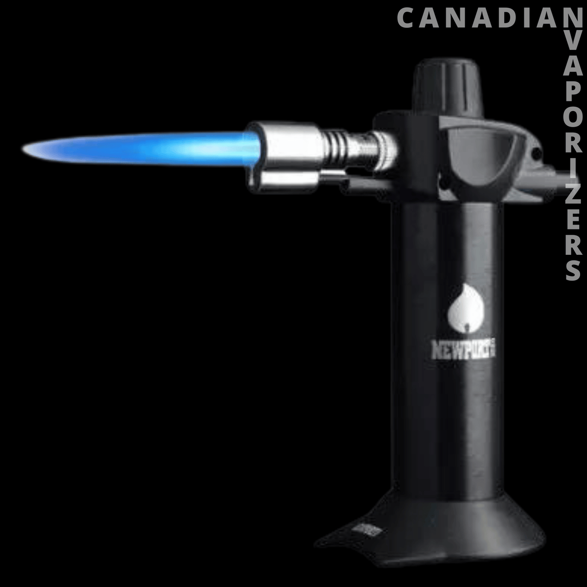 Newport 5.5" Mini Torch - Black Newport mini torch with a bright blue flame and silver nozzle.