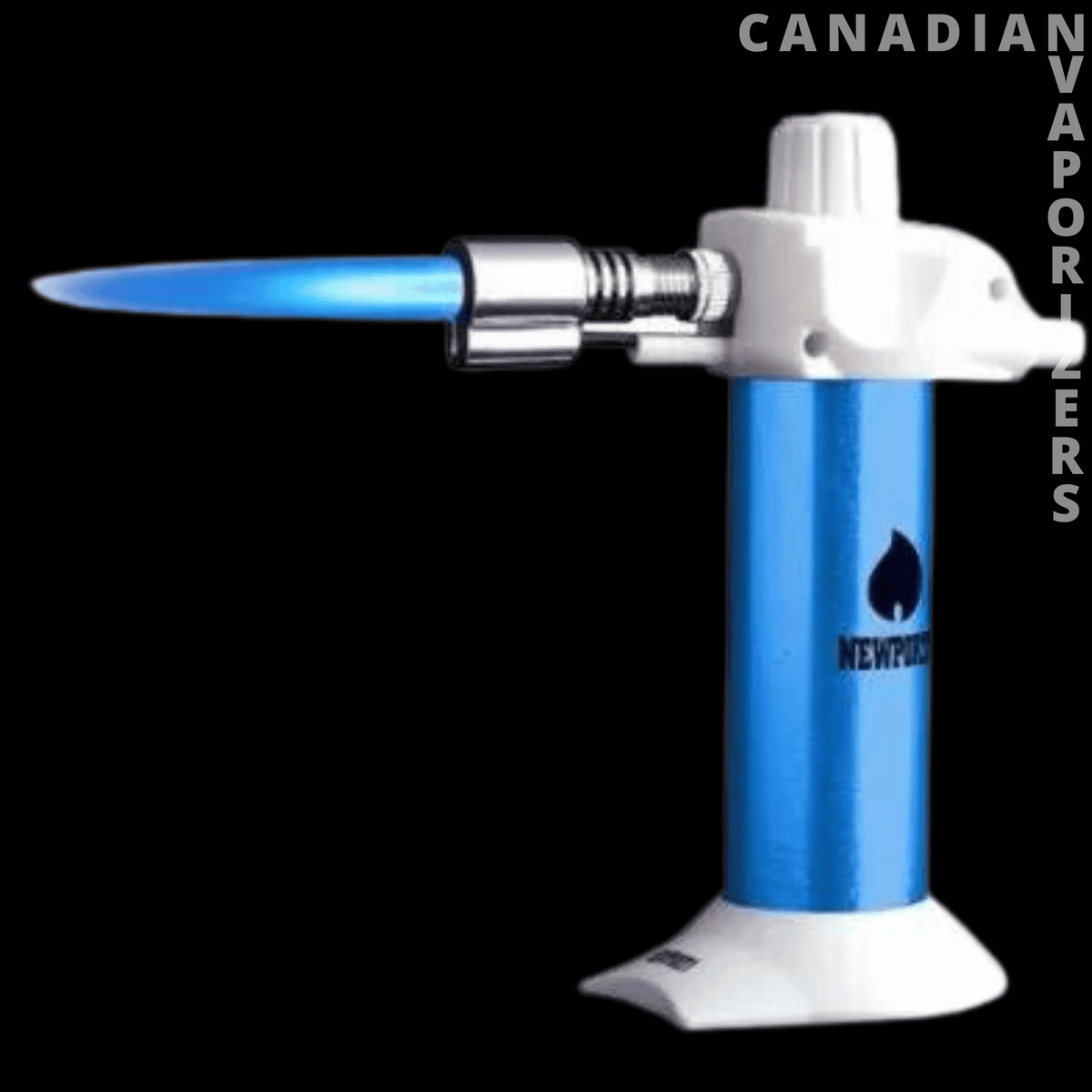 Newport 5.5" Mini Torch - Blue mini torch with a silver top and base, emitting a narrow blue flame.