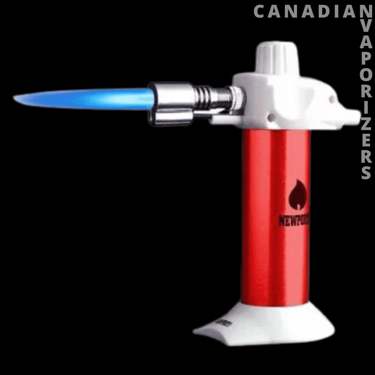 Newport 5.5" Mini Torch - Red Newport mini torch with a blue flame, silver nozzle, and white base.