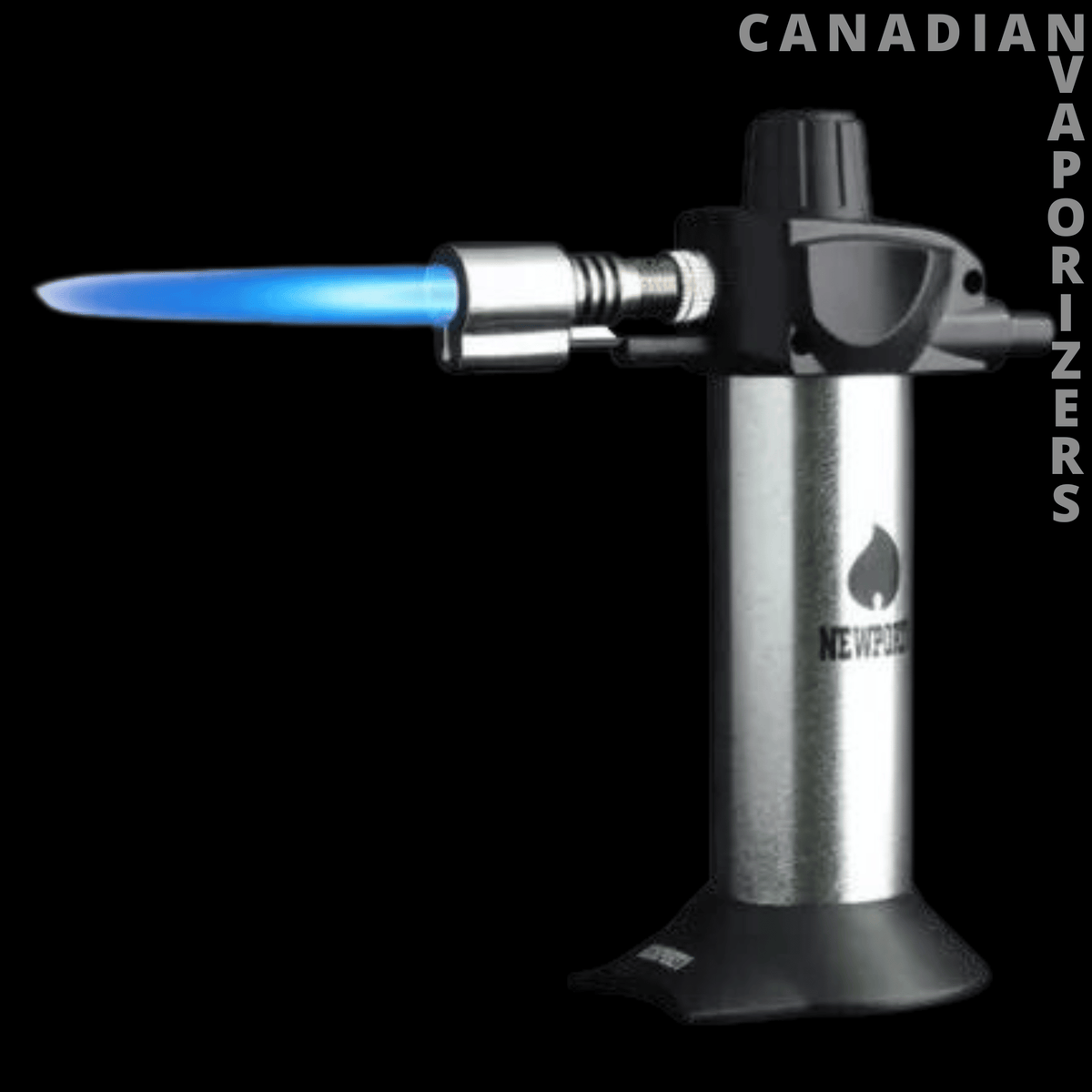 Newport 5.5" Mini Torch - Compact silver and black mini torch with a bright blue flame and flared base.