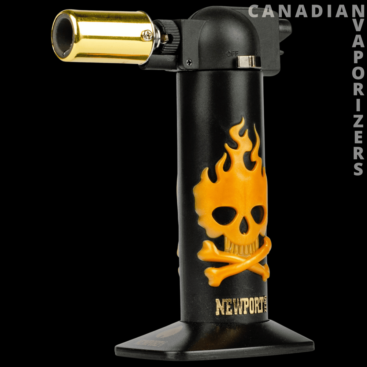 Newport 6" Torch - Black Newport torch with a gold nozzle, orange flaming skull graphic, and wide stable base.