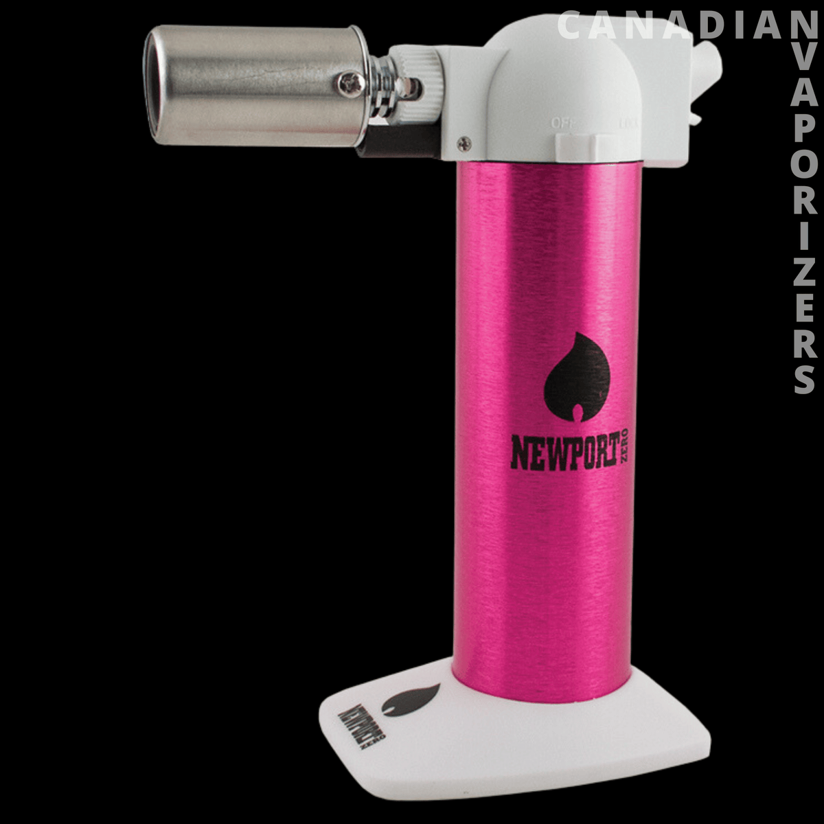 Newport 6" Torch - Pink Newport torch with a white base, curved top, and silver side-mounted nozzle.