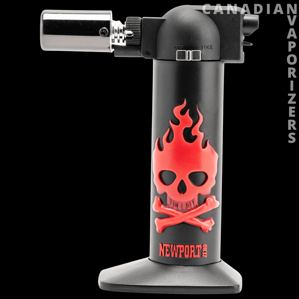 Newport 6" Torch - Black Newport torch with a red flame skull and crossbones design and silver nozzle.