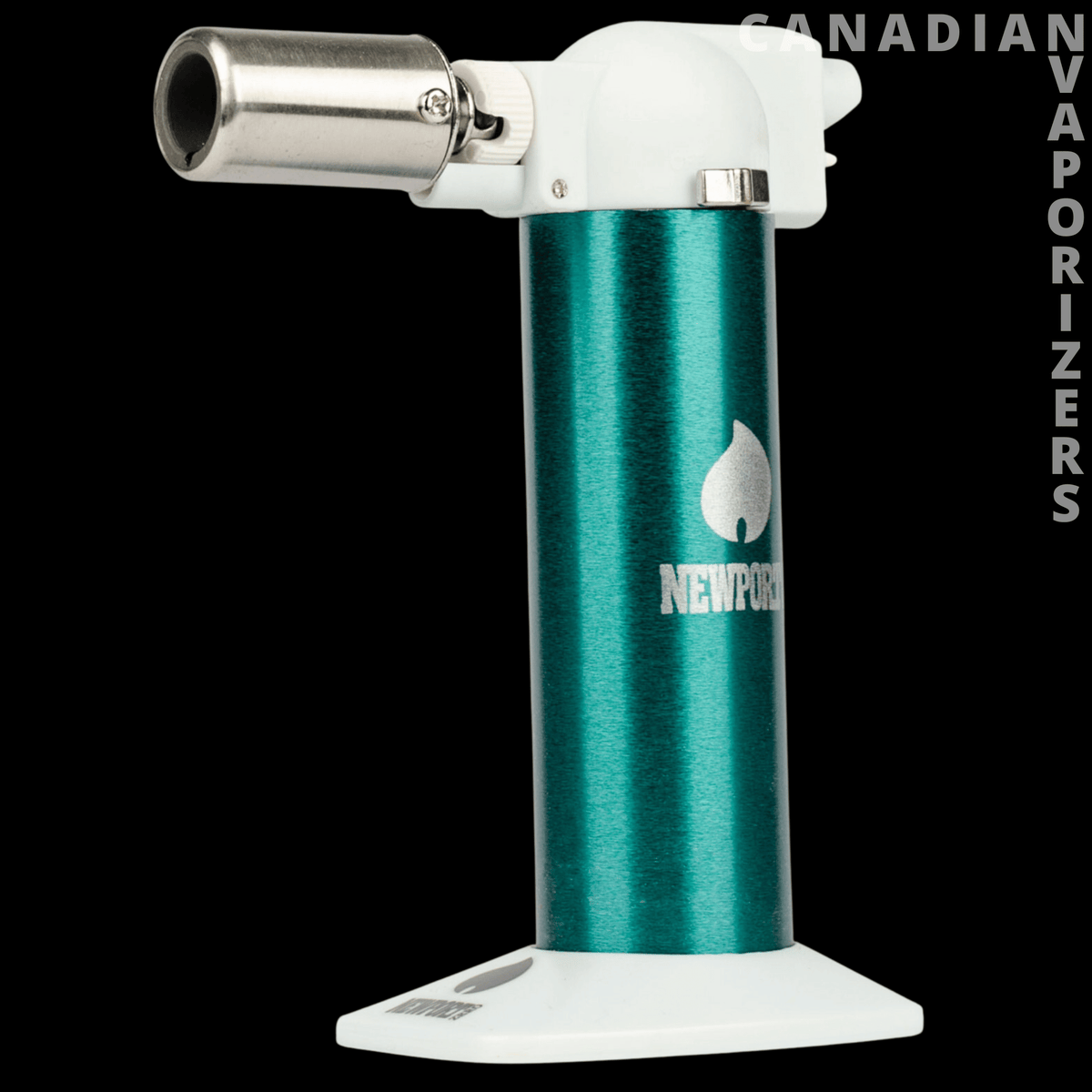 Newport 6" Torch - Turquoise Newport torch with a white base and head, silver nozzle, and teardrop logo.