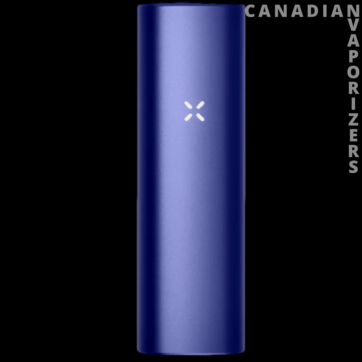 Pax Plus - Slim metallic blue Pax Plus vaporizer with a white four-dot logo on a black background.