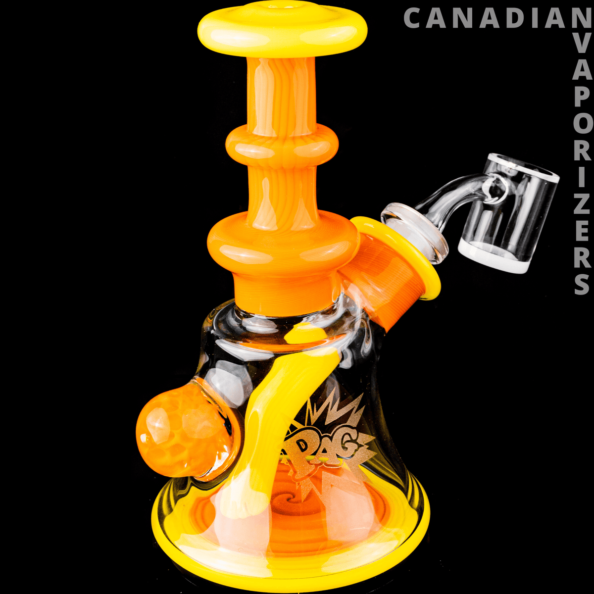 PHAT ASS GLASS - Orange and yellow heady glass water pipe with a flared base, sculpted details, and clear angled mouthpiece.