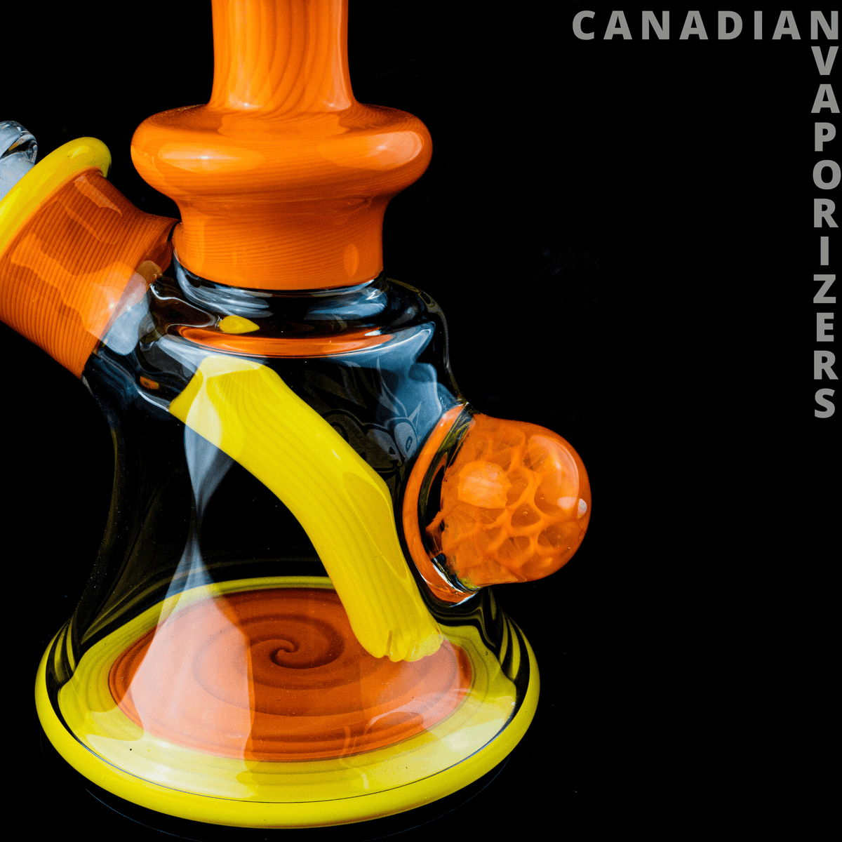 PHAT ASS GLASS - Handcrafted glass water pipe with a yellow curved chamber, orange accents, and a wide yellow base.