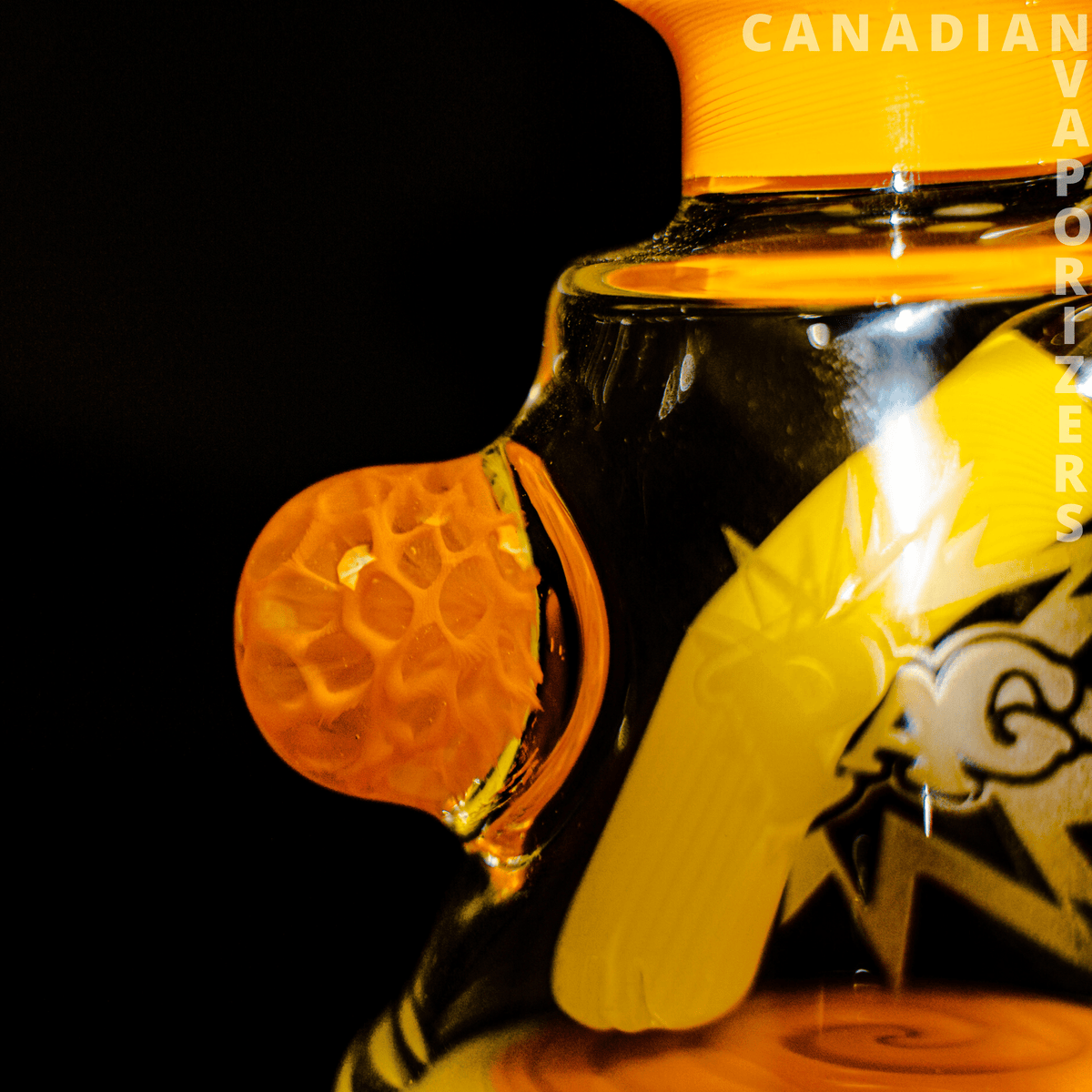 PHAT ASS GLASS - Heady glass piece with a translucent amber chamber, orange textured side bowl, and yellow graphic accents.