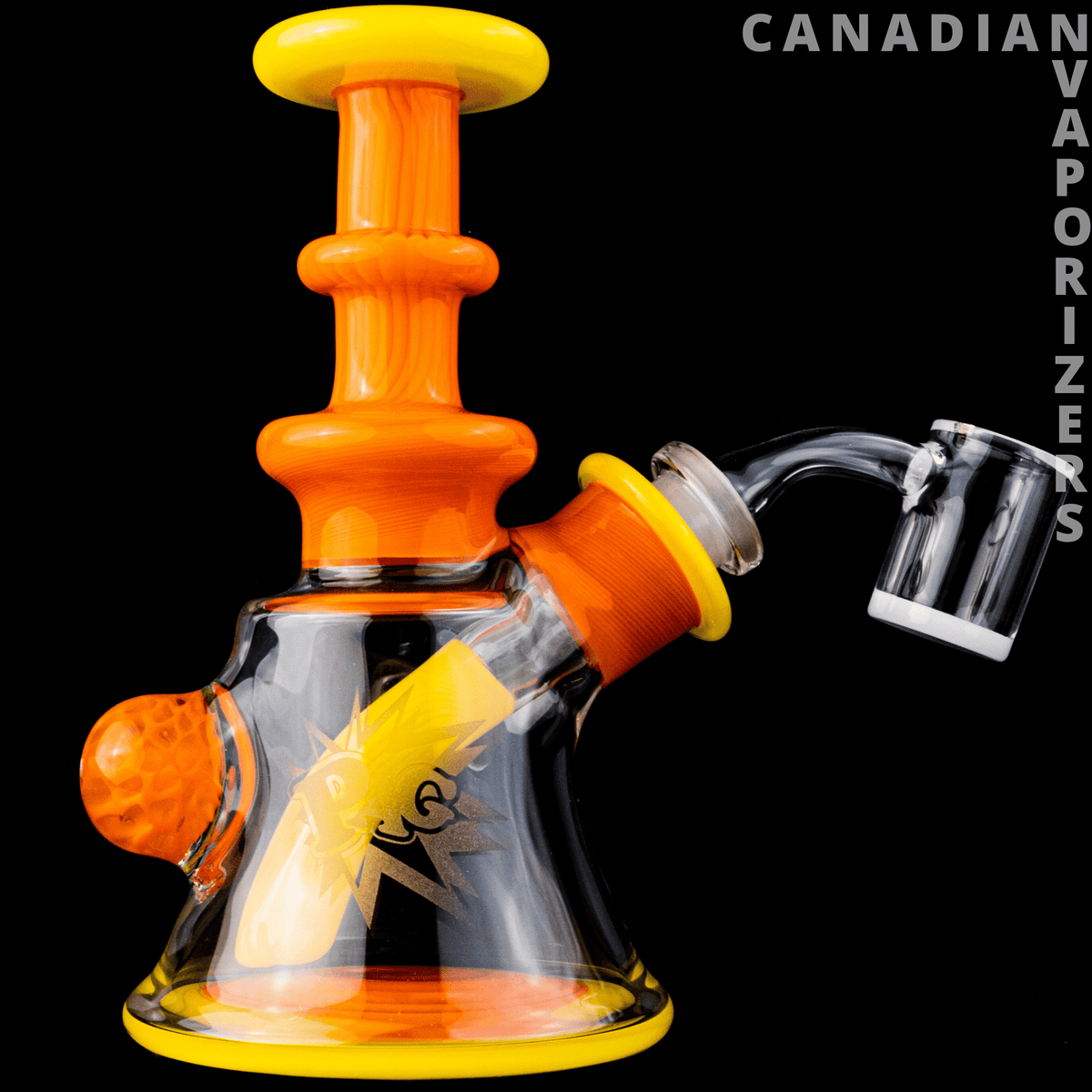 PHAT ASS GLASS - Clear glass smoking pipe with bright orange and yellow accents, flared base, and curved side mouthpiece.