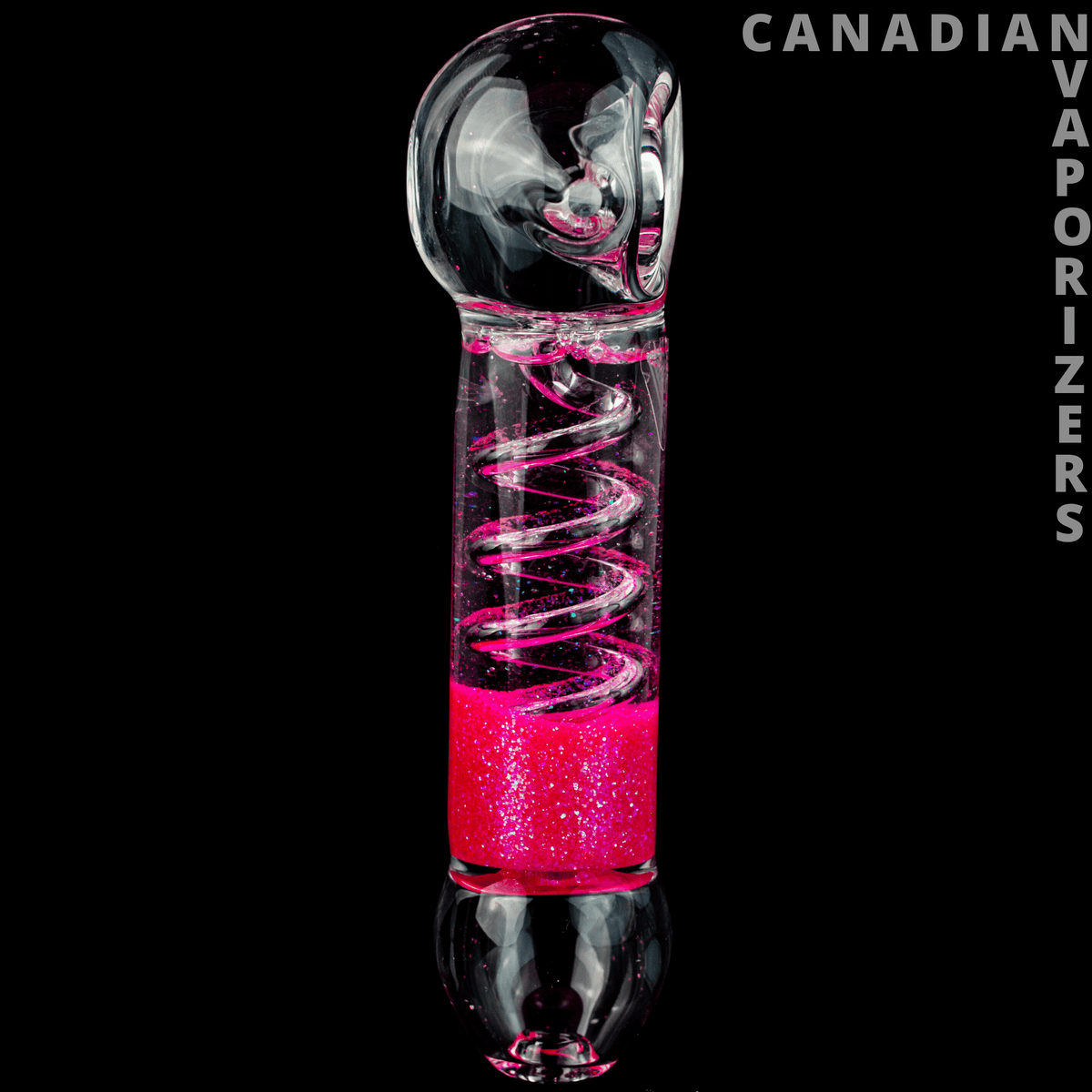 Pink | Red Eye Glass Sparkle Chiller Coil Hand Pipe - Clear glass chiller coil hand pipe with bright pink accents, glittery chamber, and red eye details.