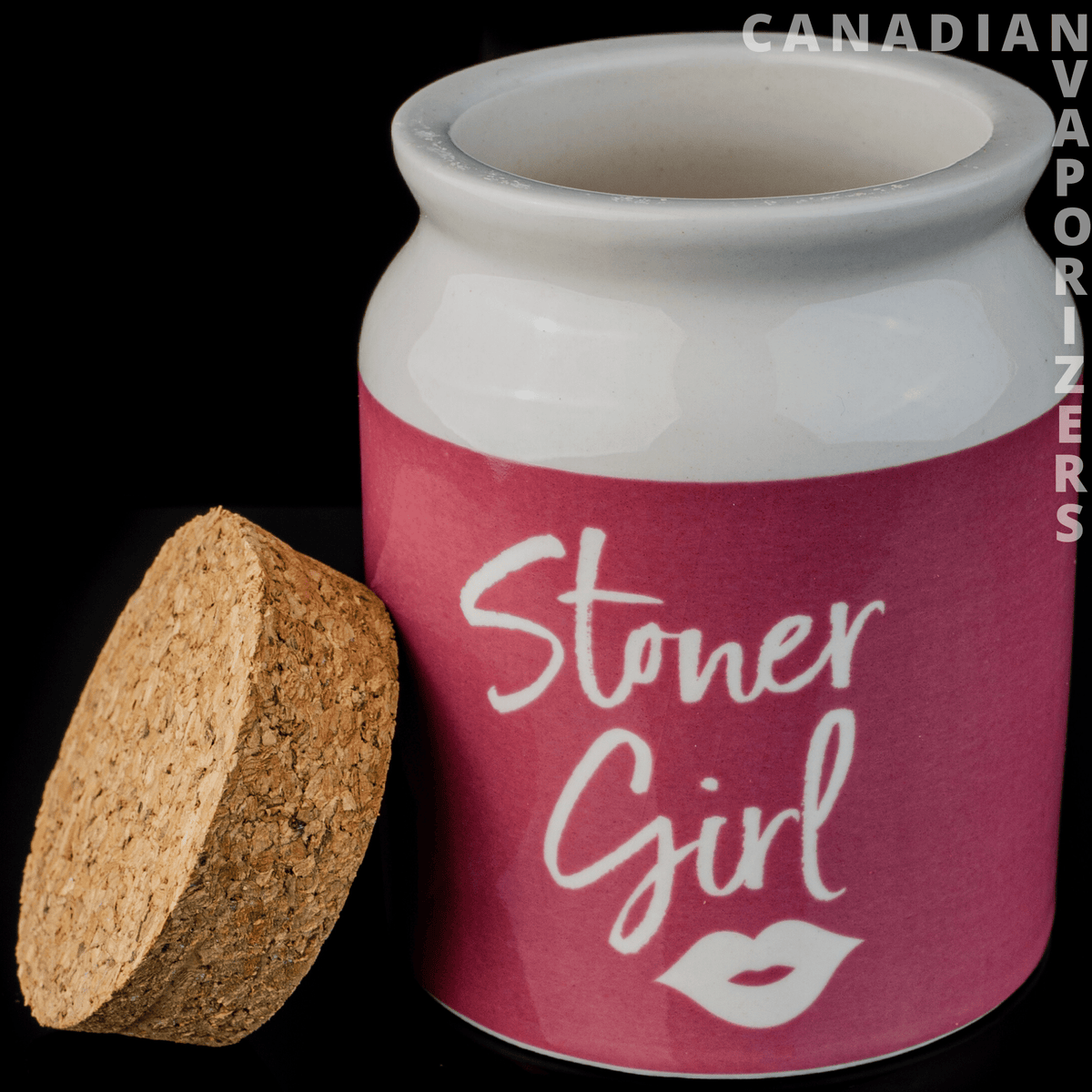 Pink | Stoner Girl Ceramic Stash Jar - Pink ceramic “Stoner Girl” stash jar with a white rim and cork lid shown beside it.