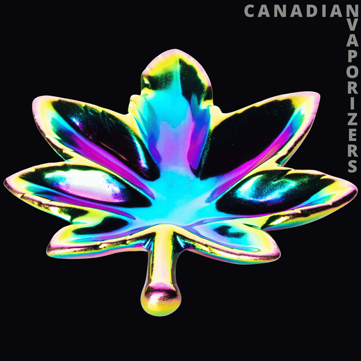 Porcelain Leaf Ashtray - Iridescent porcelain leaf-shaped ashtray with vibrant rainbow colors and a glossy finish.