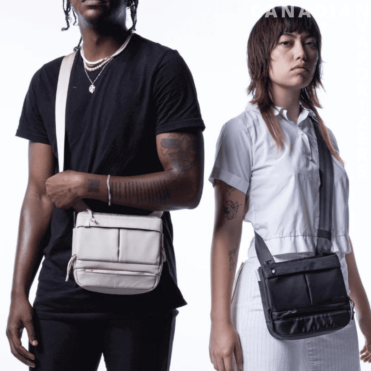 Proxy Travel Bag - Black crossbody travel bag with a rectangular zippered design, worn over the shoulder.