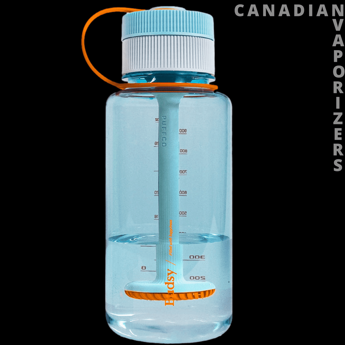 Puffco Budsy | Bong Water Bottle - Transparent blue water bottle bong with a ribbed light-blue cap, orange carrying loop, and internal glass downstem.