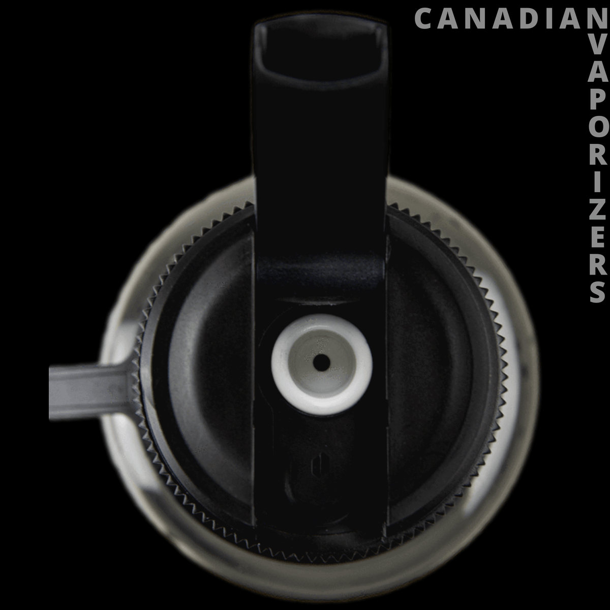 Puffco Budsy | Bong Water Bottle - Top-down view of a black Budsy water bottle bong lid with a central white mouthpiece and side tube.