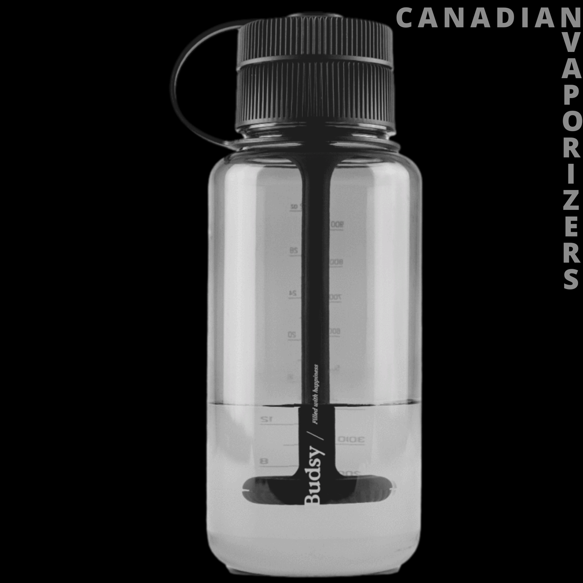 Puffco Budsy | Bong Water Bottle - Clear water bottle with black screw cap, loop handle, and internal bubbler straw.