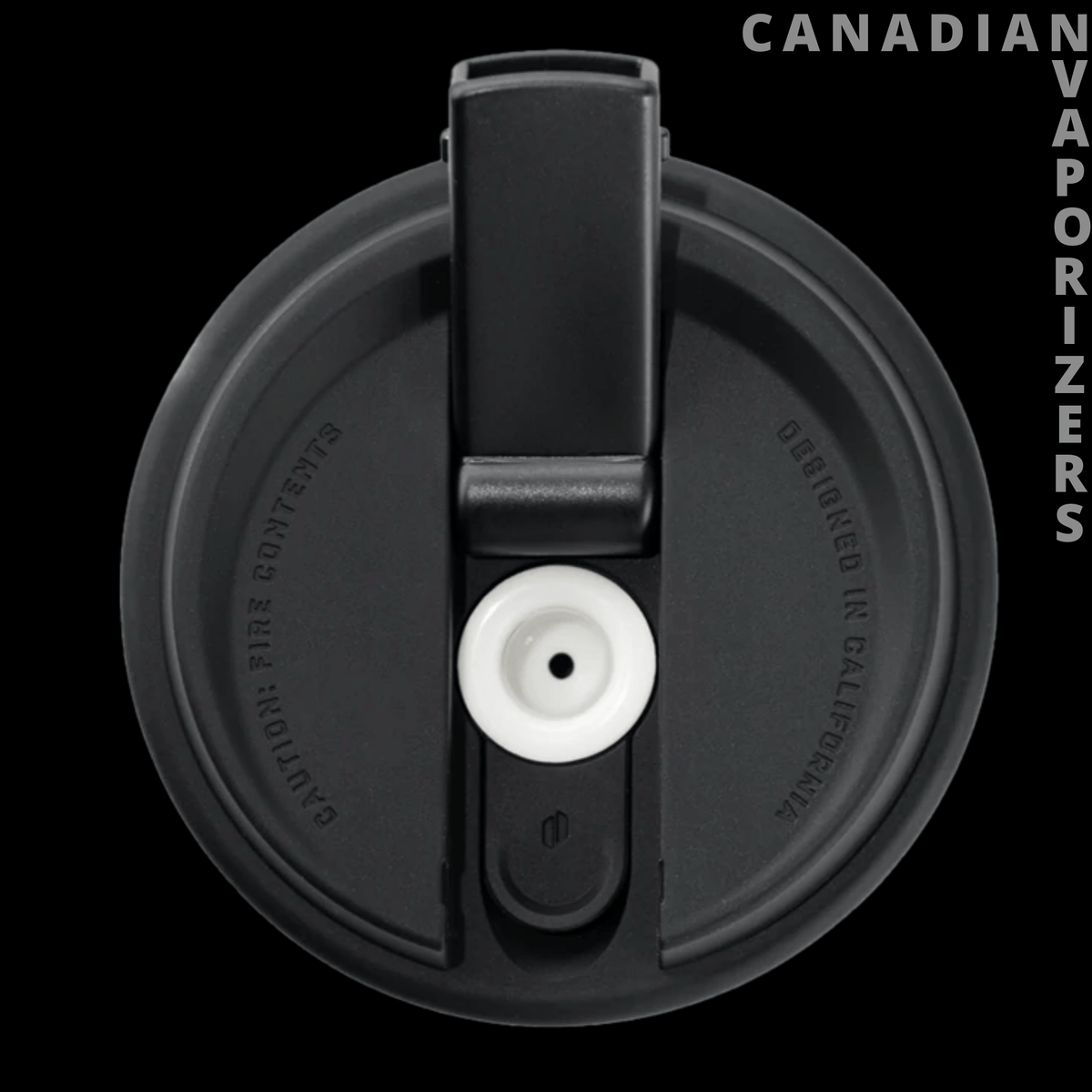 Puffco Cupsy | Water Pipe - Top view of a black cup lid with a central white mouthpiece and sliding cover.