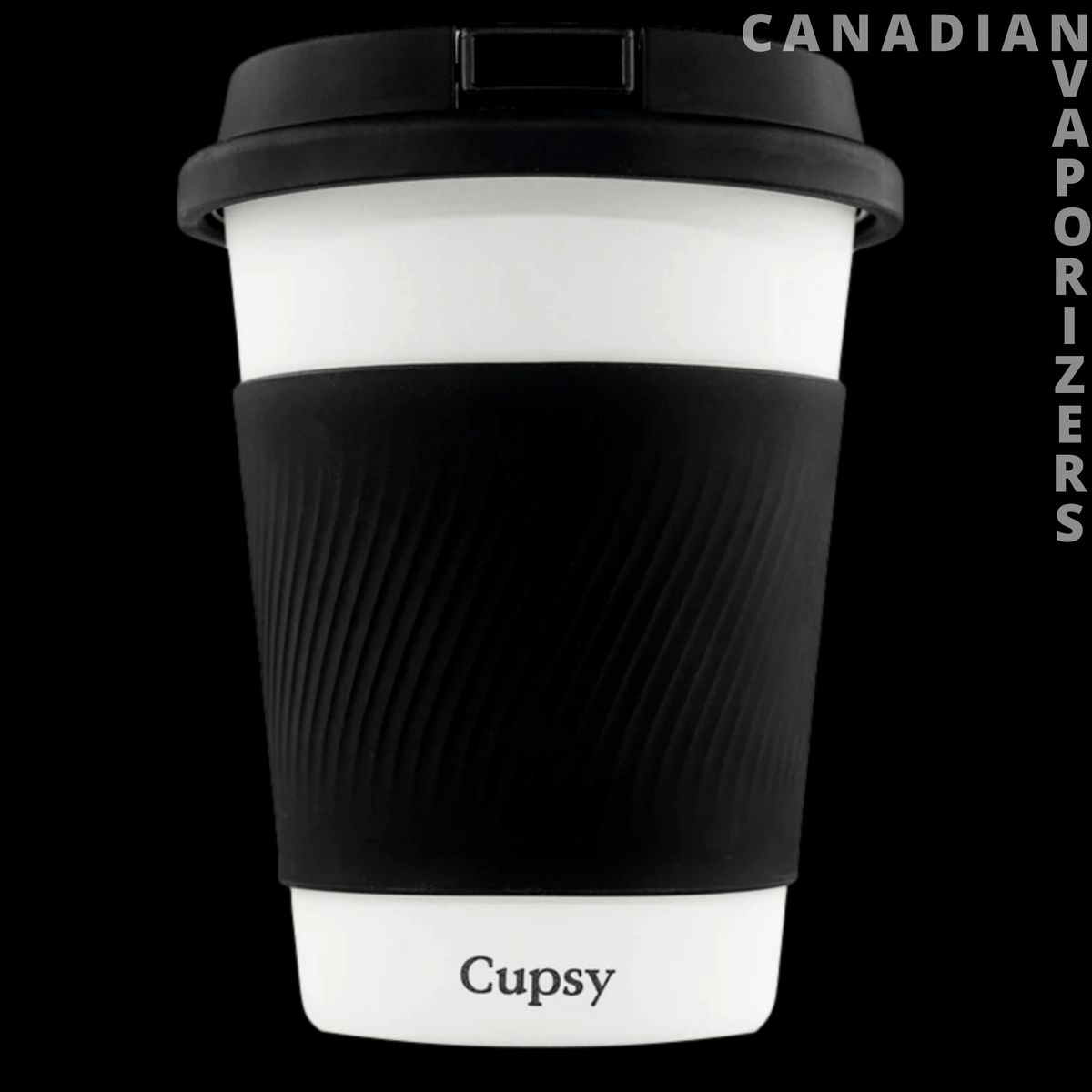 Puffco Cupsy | Water Pipe - White Cupsy water pipe with a ribbed black sleeve and matching black lid, styled like a travel cup.