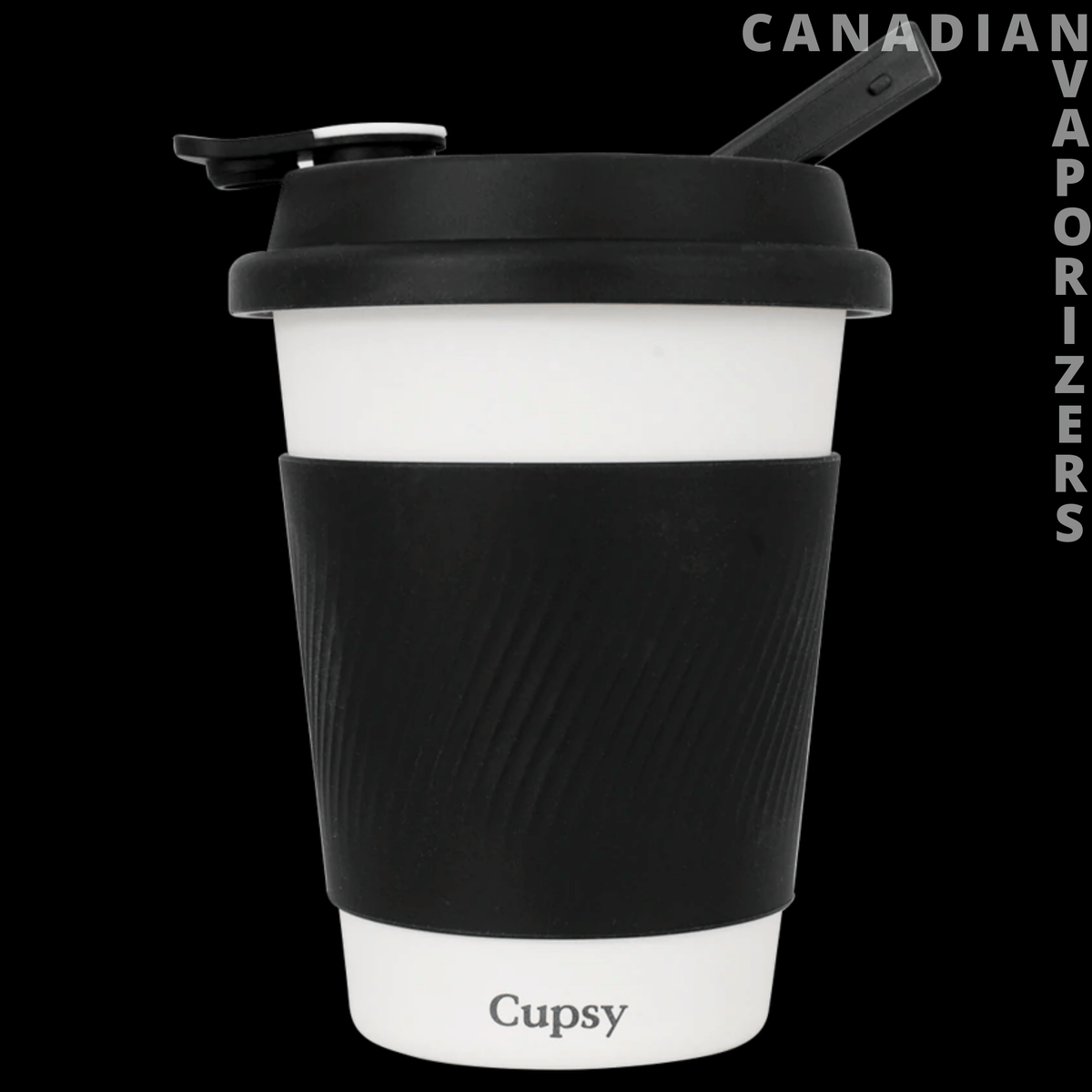 Puffco Cupsy | Water Pipe - Black Cupsy water pipe styled like a takeaway cup, with a white band, lid, and angled mouthpiece.