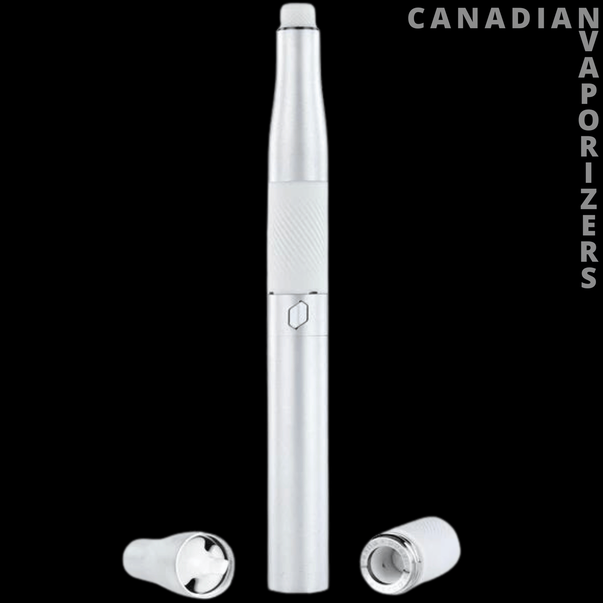 New Puffco Plus - Pearl white Puffco Plus vaporizer with textured grip and two detachable mouthpiece components.