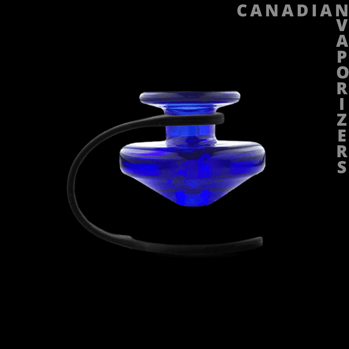 Puffco Peak Carb Cap & Tether - Blue translucent glass carb cap with a wide round top and black rubber tether.
