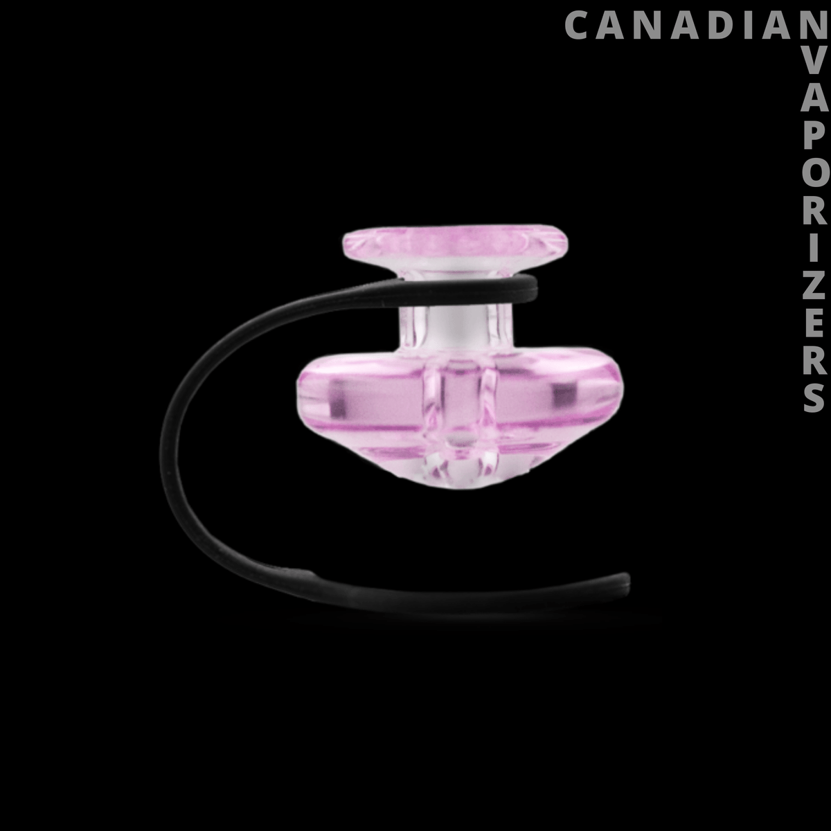 Puffco Peak Carb Cap & Tether - Pink marbled glass carb cap with a clear stem and attached black tether.