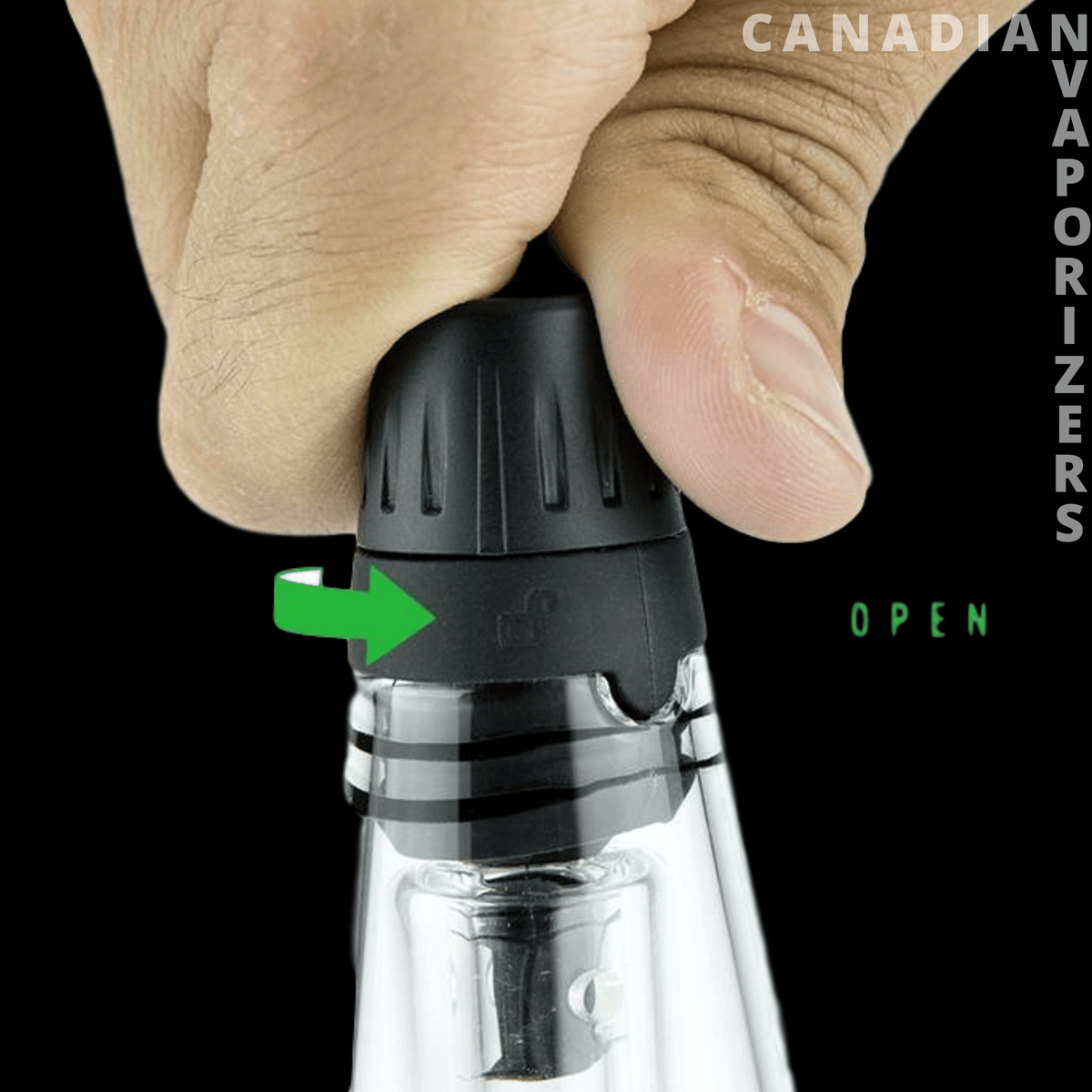Puffco Peak Pro Travel Glass - Hand twisting the black cap of clear Puffco Peak Pro travel glass, with a green arrow indicating open.