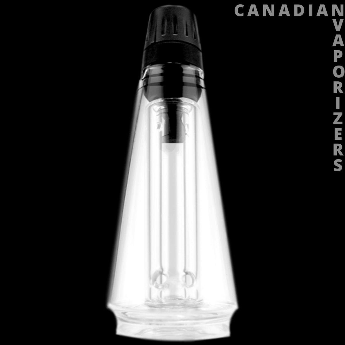 Puffco Peak Pro Travel Glass - Clear cylindrical travel glass attachment with a black ridged mouthpiece and flared base.