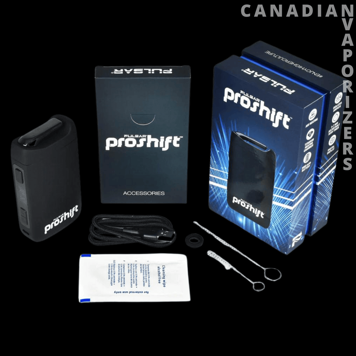 Pulsar ProShift - Pulsar ProShift black device with blue retail box, accessories case, cable, and instructions.
