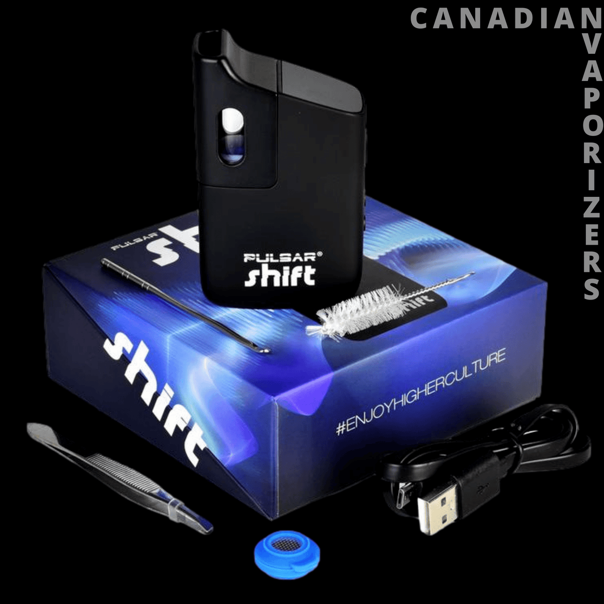 Pulsar Shift Vaporizer - Black Pulsar Shift vaporizer on blue packaging with USB charging cable, cleaning tool, and blue mouthpiece cap.