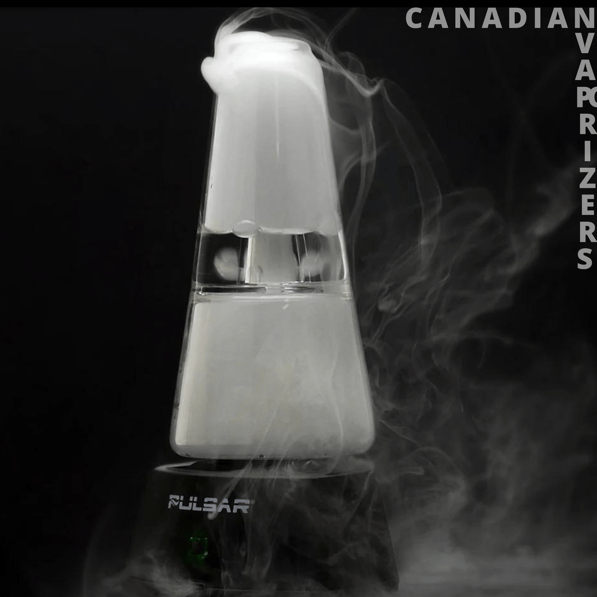 Pulsar Sipper Vaporizer - Black Pulsar Sipper vaporizer with a clear glass chamber and vapor swirling around it.