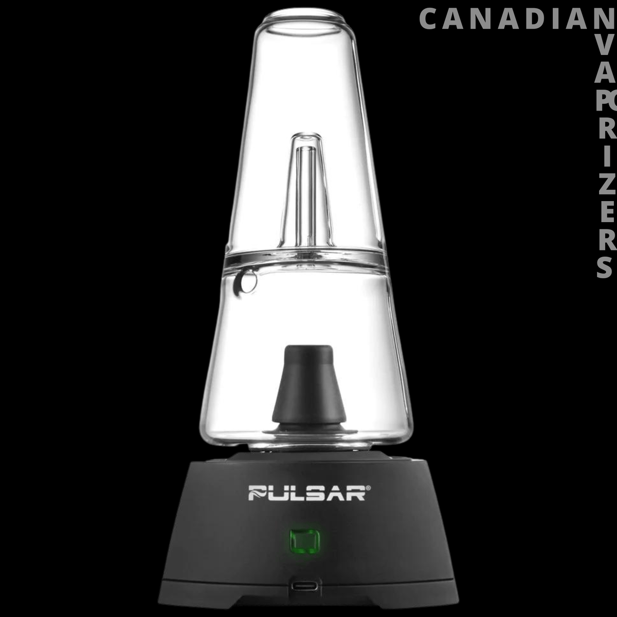 Pulsar Sipper Vaporizer - Black Pulsar Sipper vaporizer with a clear glass chamber, tapered glass mouthpiece, and green digital display.