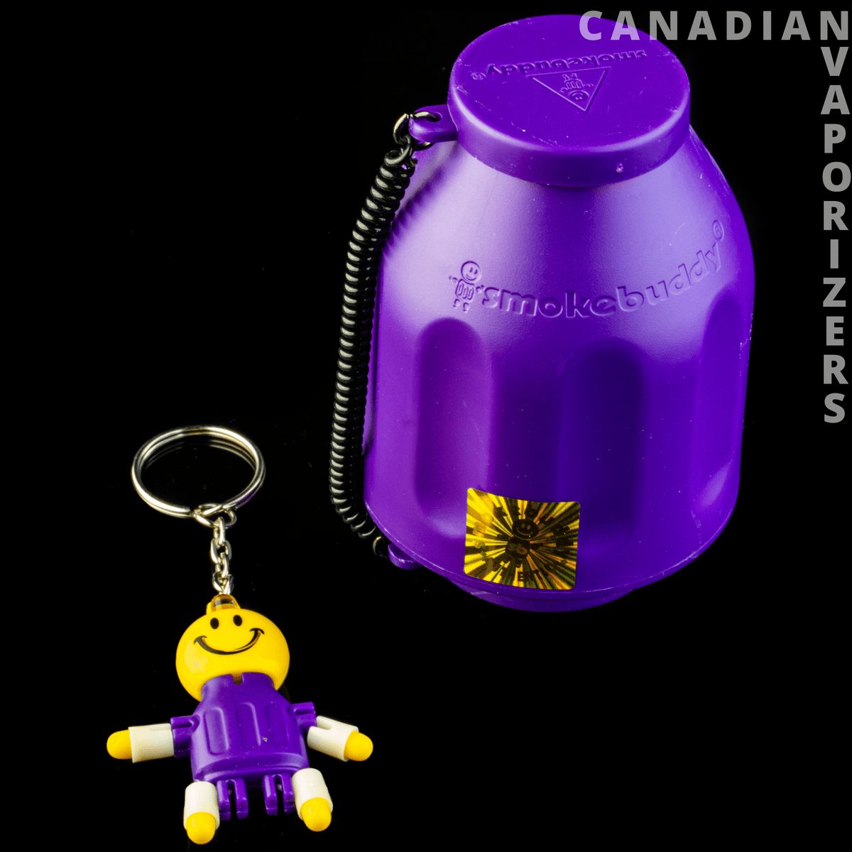 Original Smokebuddy - Purple Smokebuddy personal air filter with a ribbed body and matching purple keychain figure.