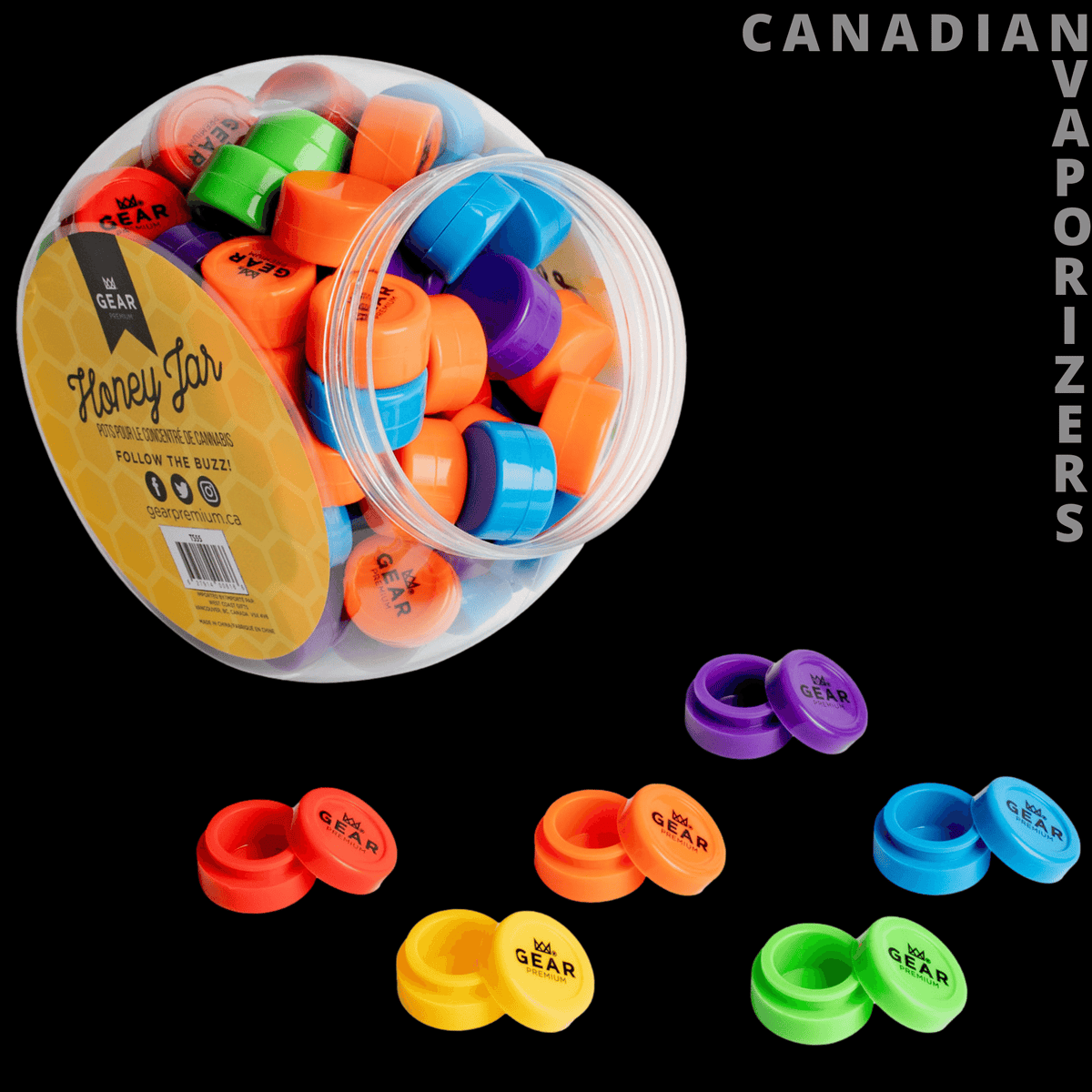 Rainbow Honey Jar (Jug of 54) - Clear jar of brightly colored plastic honey jar toys in orange, blue, green, yellow, red, and purple.