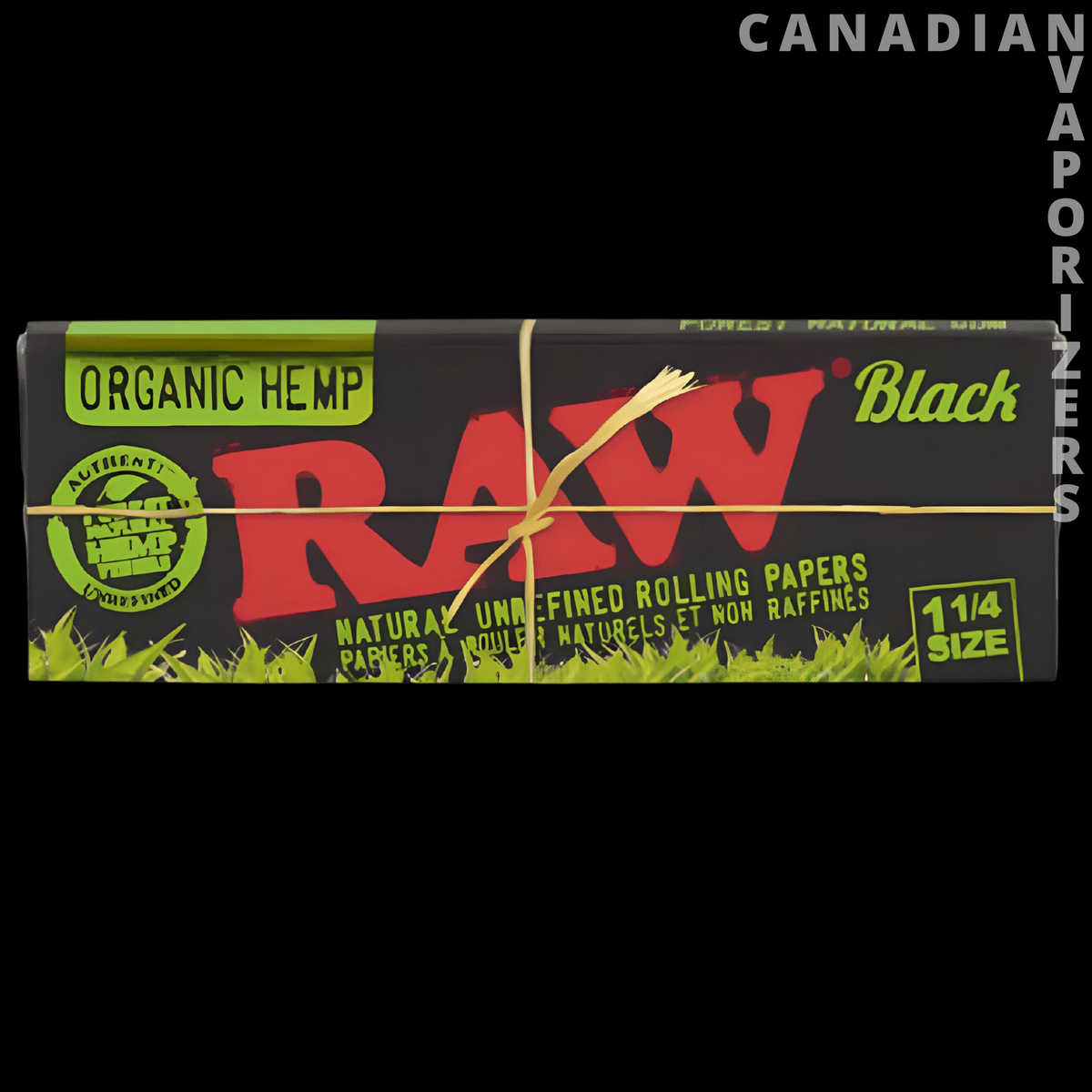 Raw 1¼ Black Organic Rolling Papers (Display of 24) - Black RAW Organic Hemp 1¼ rolling paper display box with bold red and green lettering.