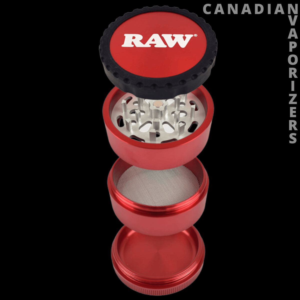Raw | 4-Piece Life Grinder V3 - Red four-piece RAW grinder with a black-rimmed lid, metal teeth, mesh screen, and collection chamber.