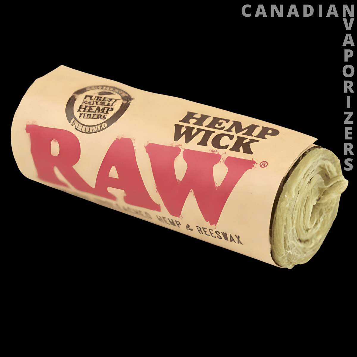 Raw 6 Meter Hemp Wick (Display of 20) - Rolled hemp wick in tan paper packaging labeled “RAW Hemp Wick,” with natural fiber visible at the end.